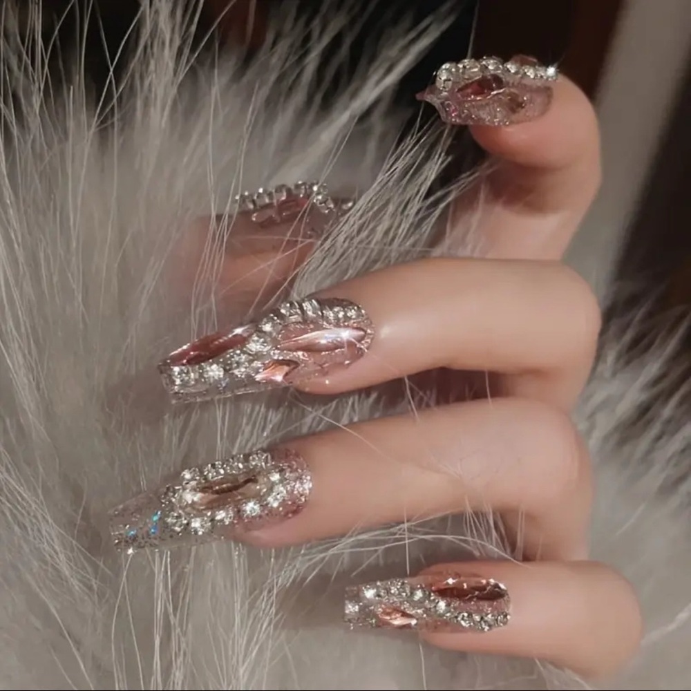 Elegant Rhinestone & Pink 3D Press On Nail Art Reusable Handmade 10pc Medium NWT